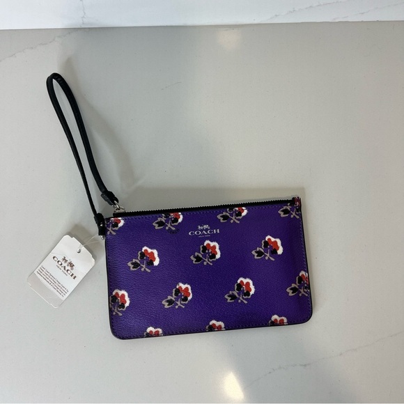 NWT Coach Bramble Rose Purple Leather Floral Print Wristlet Zip Closure - Picture 3 of 15